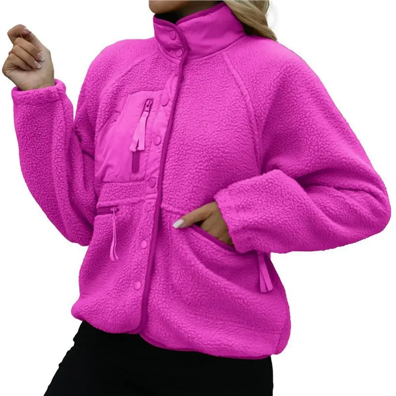 

Женская флисовая куртка ABRT с длинными рукавами, короткая зимняя куртка на пуговицах с карманами