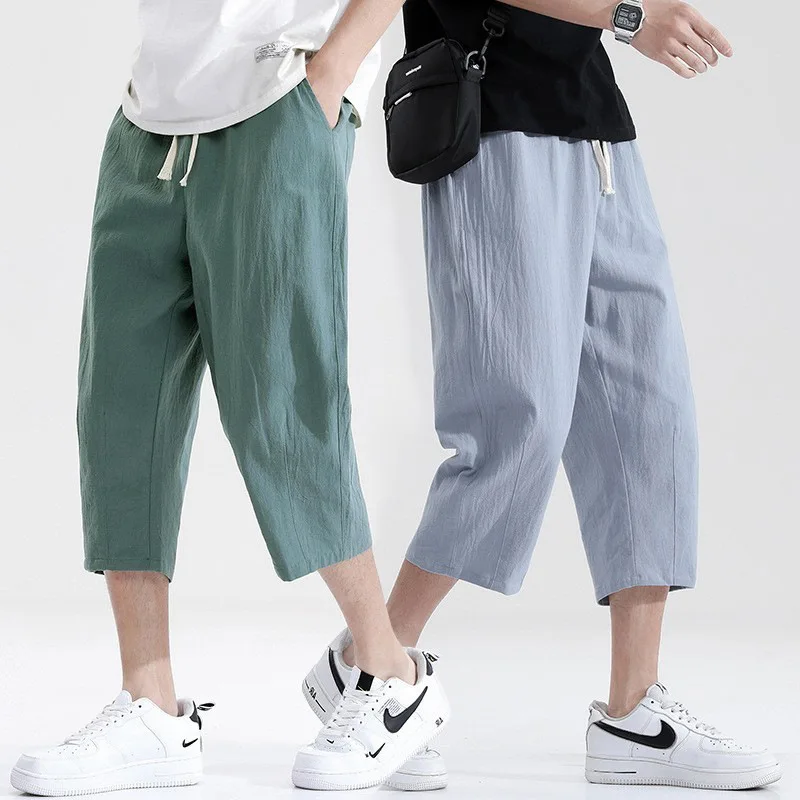 

UNITIM Man Casual Pant Summer Thin Solid Loose Drawstring Men Calf-length Pant Korean Mid Waist Breathable Male Harem Pant