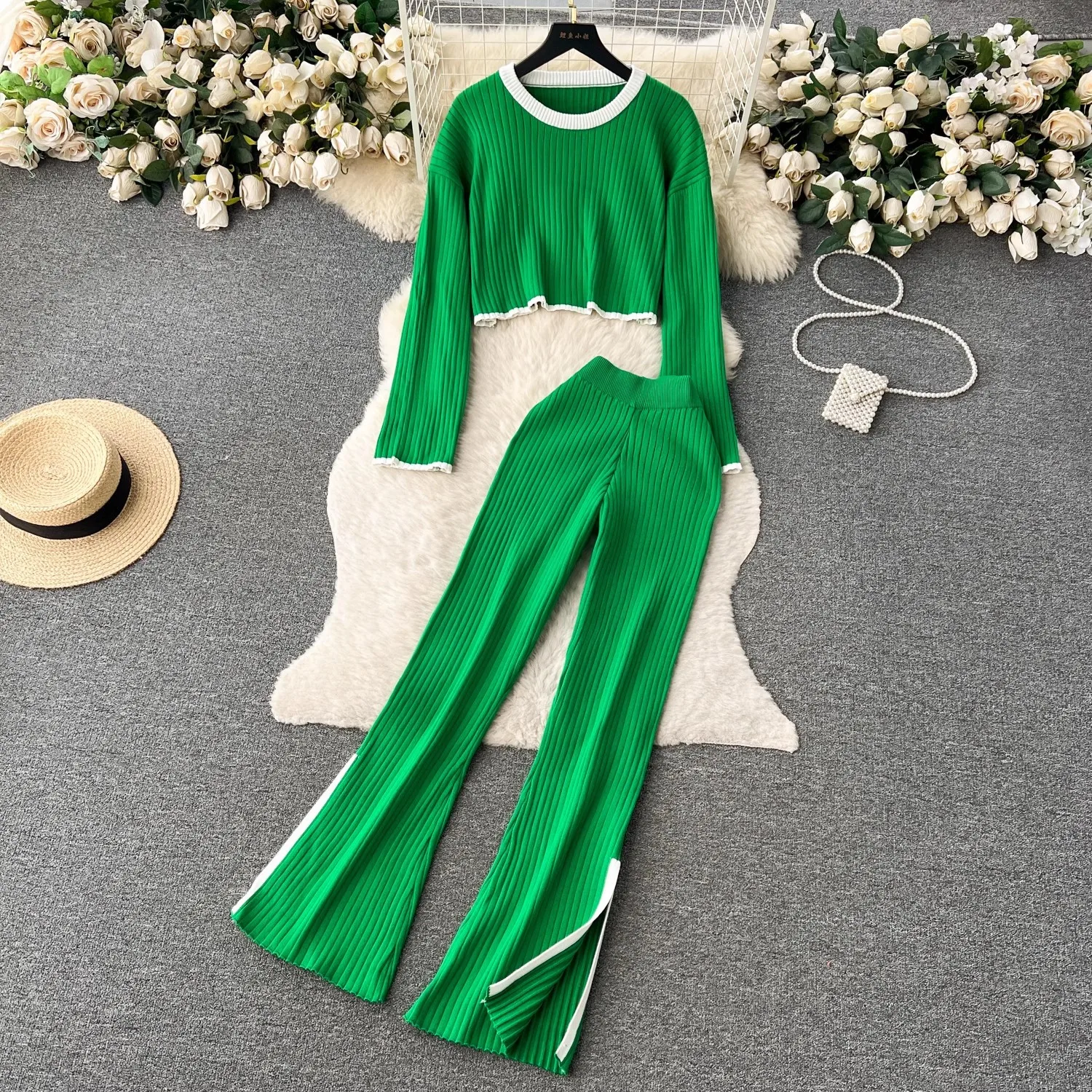 Two Piece Set Pajamas for Women Casual Panelled Side Split Trouser Suits Female 2024 Crop Sweater High Waist Ladies Home Suits