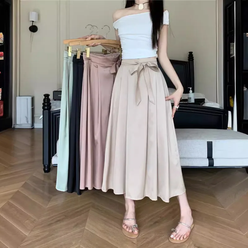 

Women A-line Skirt High Waist Elastic Retro Casual Solid Streetwear Harajuku Fashion Elegant Vintage Skirt Clothes New