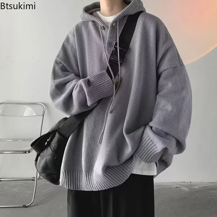 Men'S Casual Hooded Sweater Coat Autumn and Winter High Neck Loose and Lazy Woolen Sweater Knitted Sweater Thick Outer Overcoat