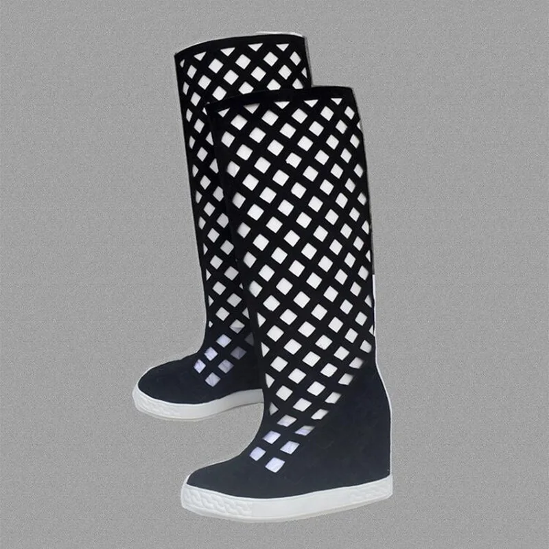 

Black Nubuck Leather Hollow Wedge Boots Rubber Sole Round Toe 8CM Height Increasing Knee High Boots Leisure Flat Shoes