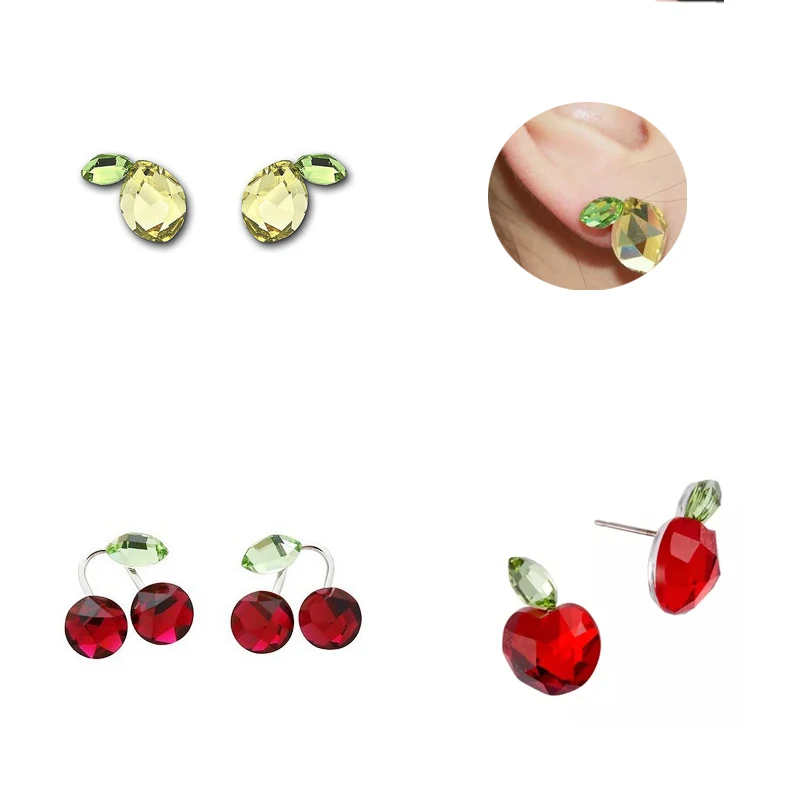 Austrian Crystal Stud Earrings For Women Fashion Jewelry Geometric Crystal Fruit Cherry Lemon Apple Earrings Fashion Gift