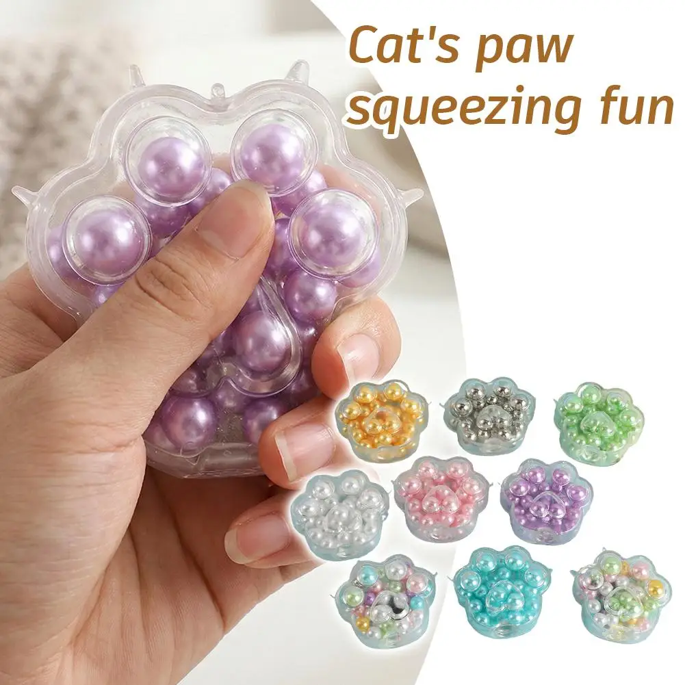 Noisy Squishy Ball for Stress Relieve Squeeze Toys Colorful Beads Cat Paw Sensory Fidget Toys Anxiety Calming Desktop Decor Gift