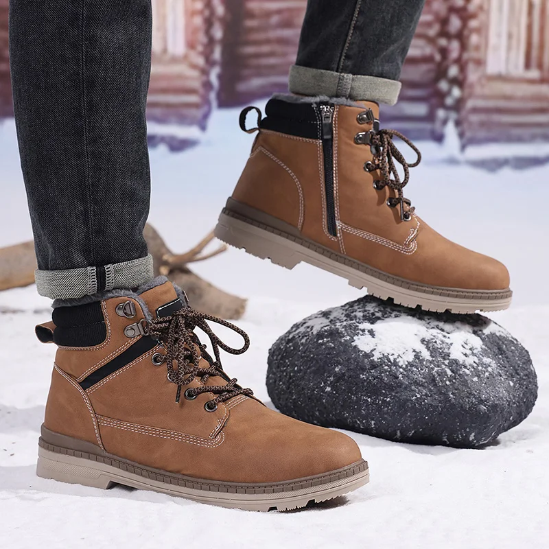 Botas de nieve para hombre, ideales para el invierno, con forro de piel, cálidas, de algodón, impermeables, de cuero, tipo zapatillas deportivas, antideslizantes, para actividades al aire libre, botas de senderismo para hombre, calzado de trabajo.