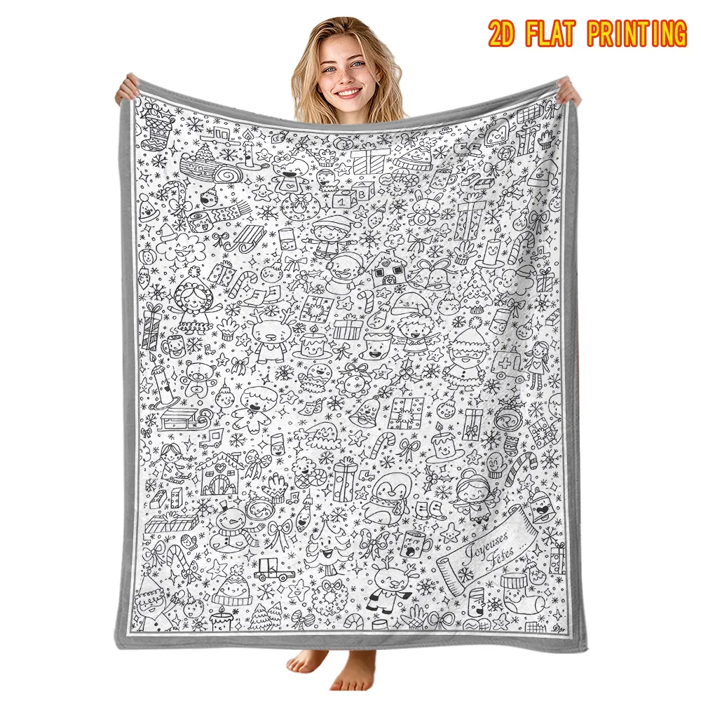 1pc Christmas Themed Coloring Flannel Blanket. Snowman Snowflake Line Art Print Soft Skin-Friendly Fabric. for Living Room Offic