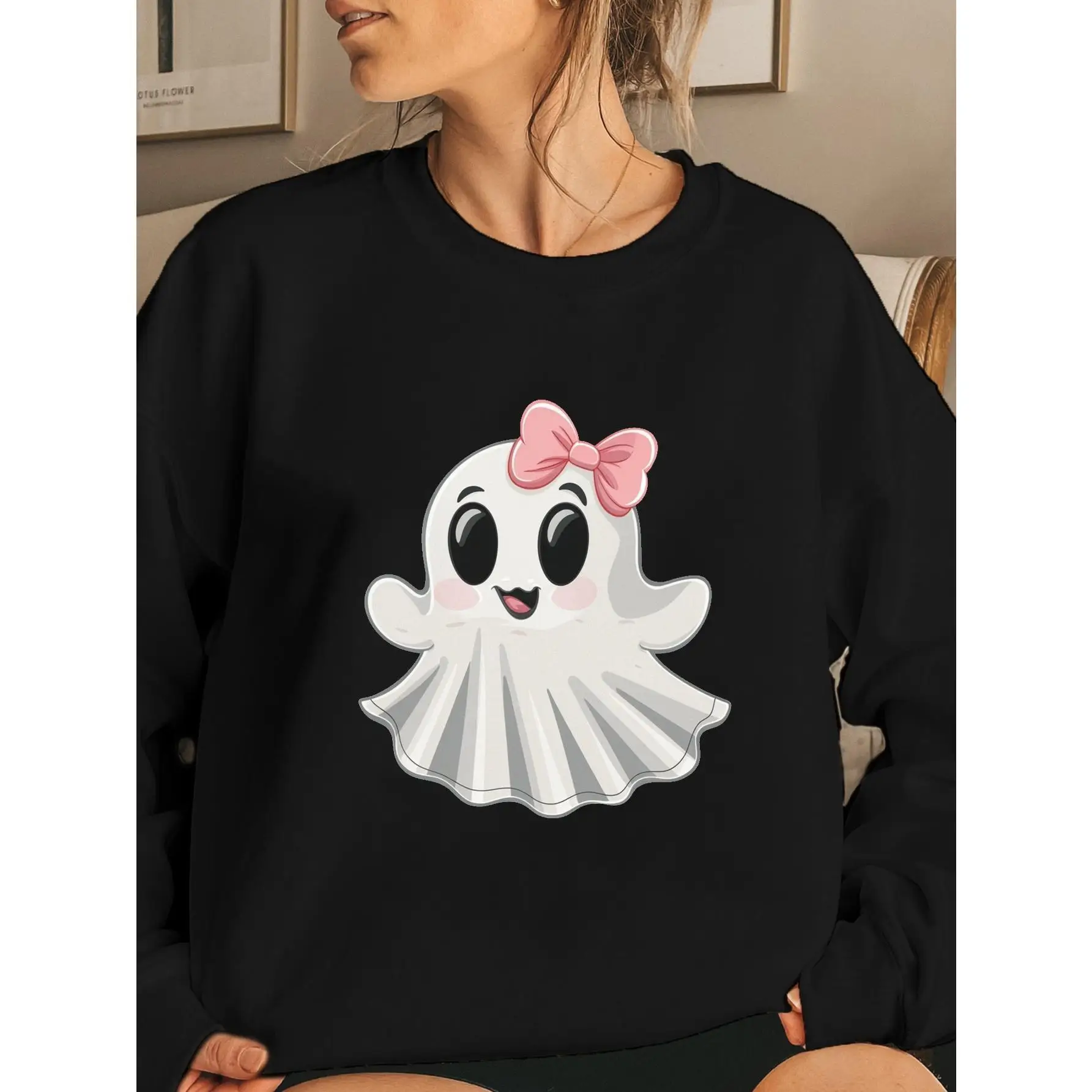 

Cute Ghost with Pink Bow Graphic Sweatshirt, Kawaii Halloween Crewneck Jumper, Spooky Season Pullover, Funny Costume Party Gift