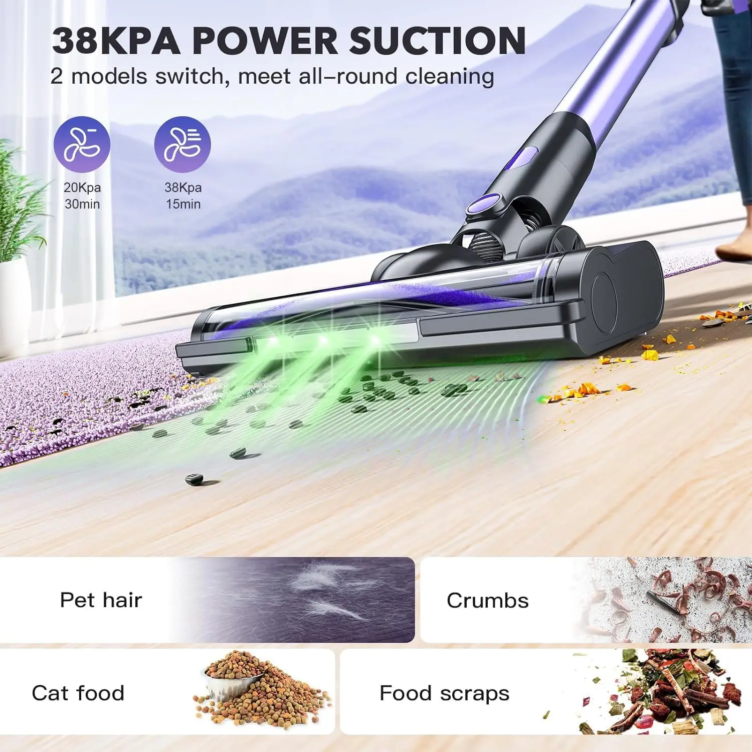 Cordless Vacuum Cleaner, Cordless Stick Vacuum Cleaner 38000PA Powerful Suction, Recahrge Battery, 6 in 1 Lightweight andQuiet