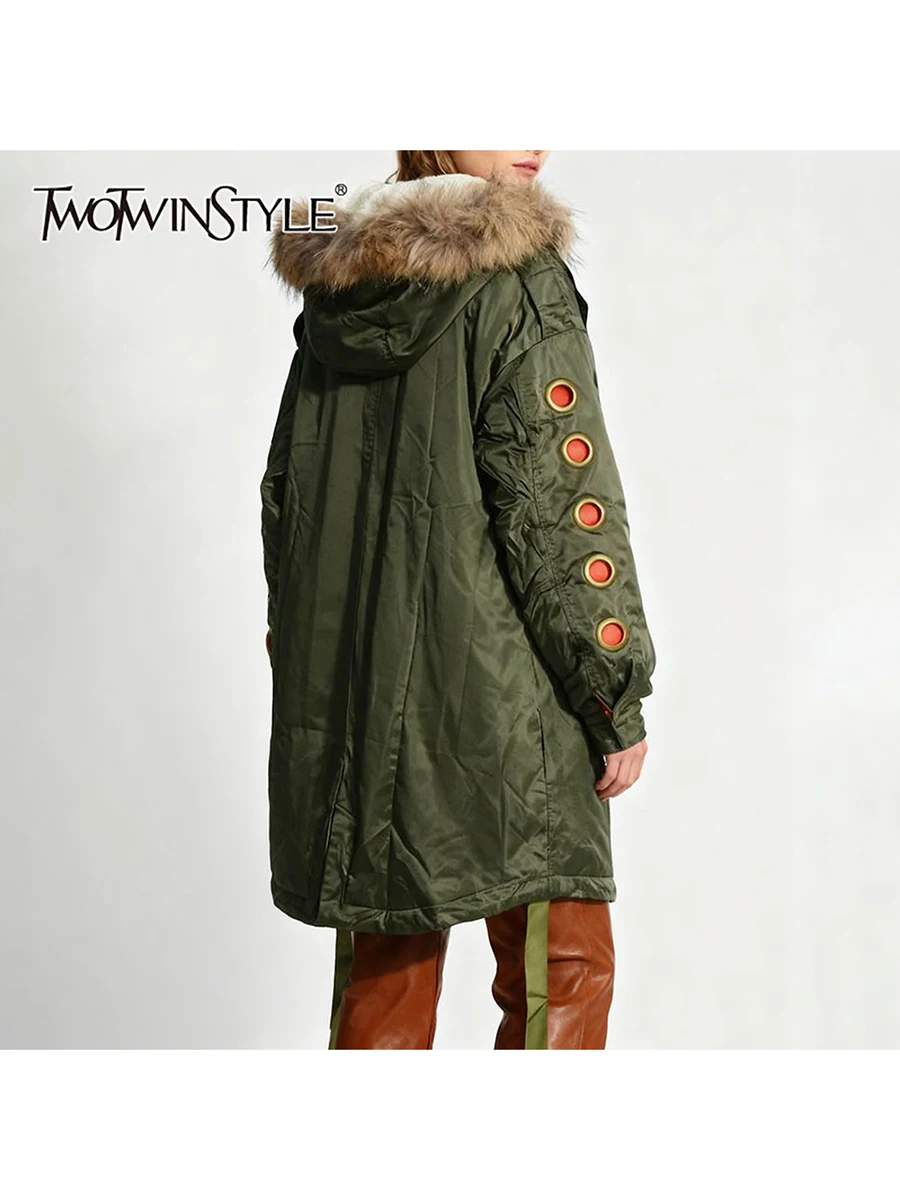 

TWOTWINSTYLE Solid Loose Spliced Pockets Casual Jackets for Women Hooded Long Sleeves Patchwork Fur Collar Fashion Jacket Female