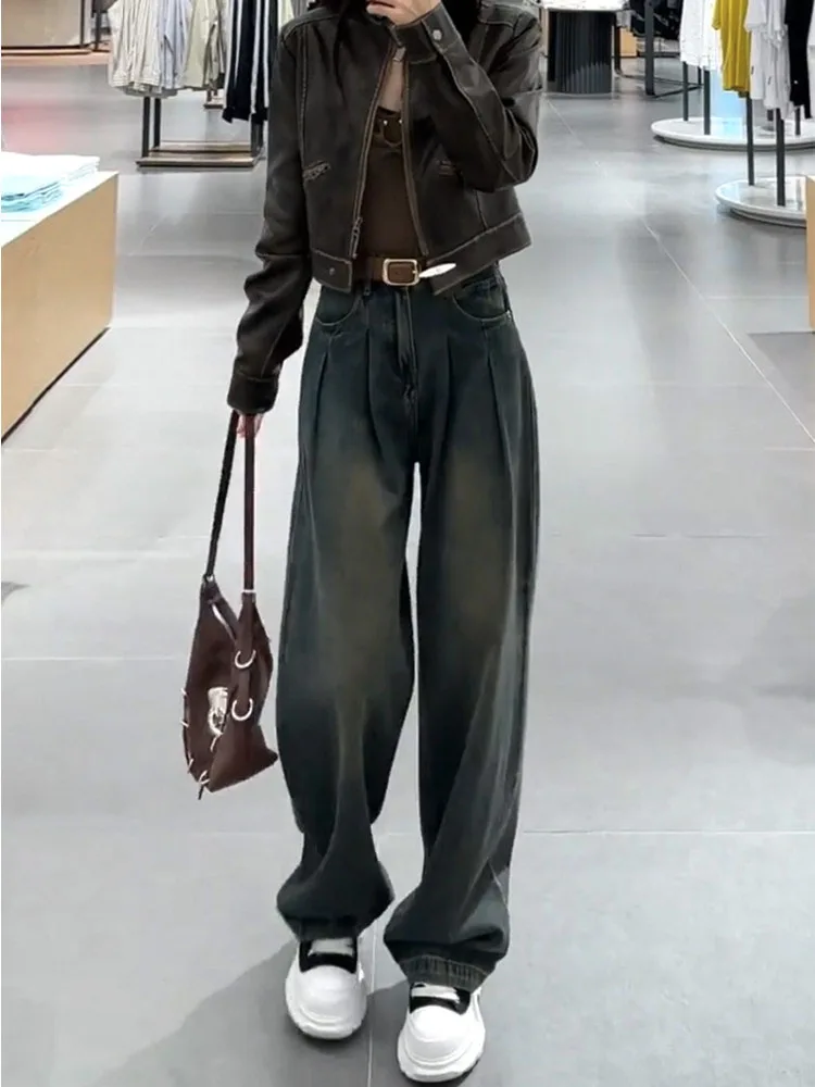 

Retro Cement Grey Straight Leg Denim Jeans Women's High Waist Wide Leg Pants Spring Autumn New Style Slimming Drapey Floor-Le...