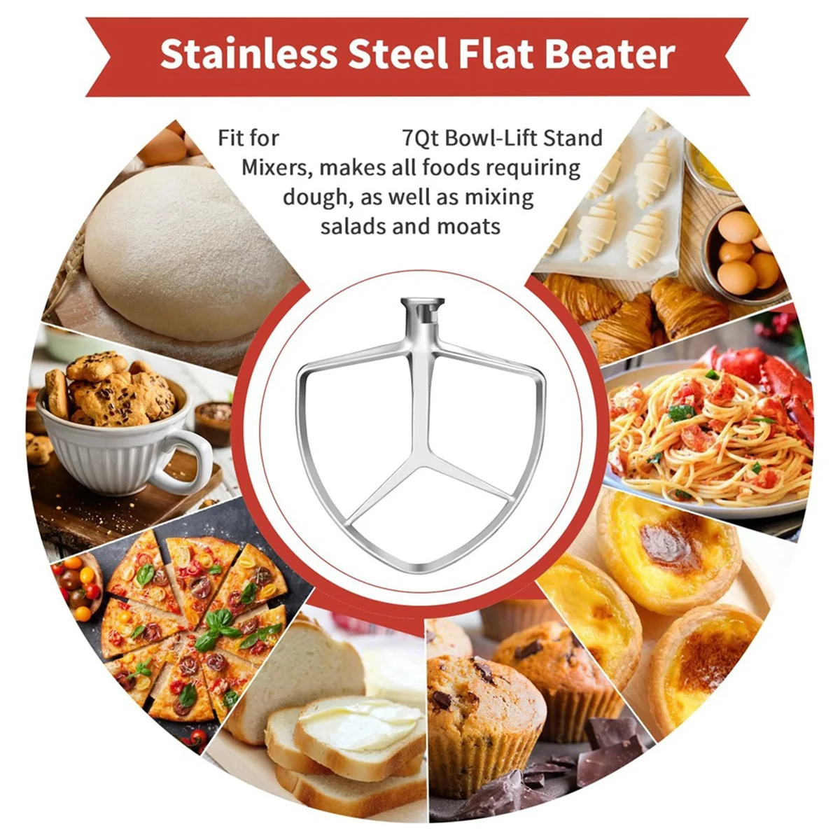 Batedor plano de aço inoxidável ABJZ para misturadores de suporte com tigela de 7QT, acessório de substituição de qualidade alimentar, seguro para máquina de lavar louça