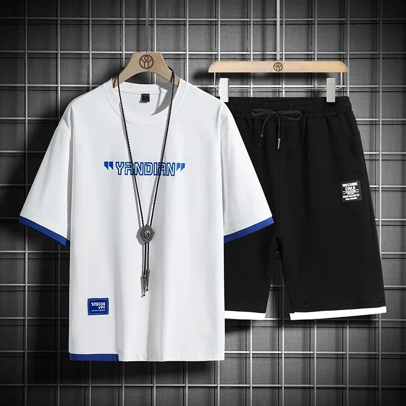 

2026 New Summer Black White Tracksuits For Men's Set Sleeves T-Shirt + Shorts Sportswear Brand Sporting Suit 4XL