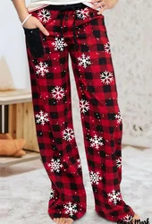 Christmas Printed Pajama Pants Women Elastic High Waist Drawstring Trousers Loose Wide Leg Homewear Pants