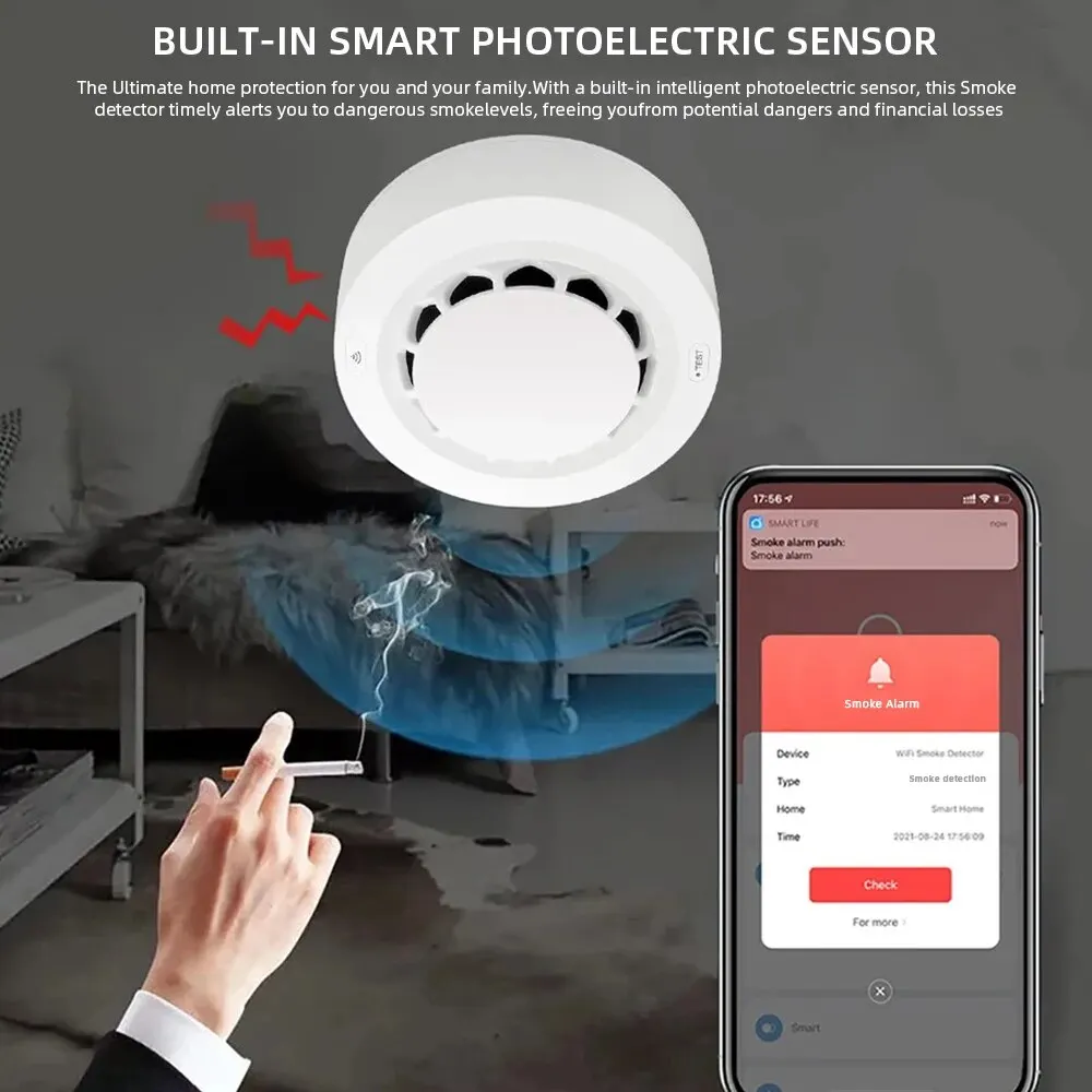 ONENUO Tuya WiFi Rilevatore di fumo Sensore fotoelettrico Allarme antincendio Sistema di sicurezza per cucina domestica Funziona con l'APP Smart Life