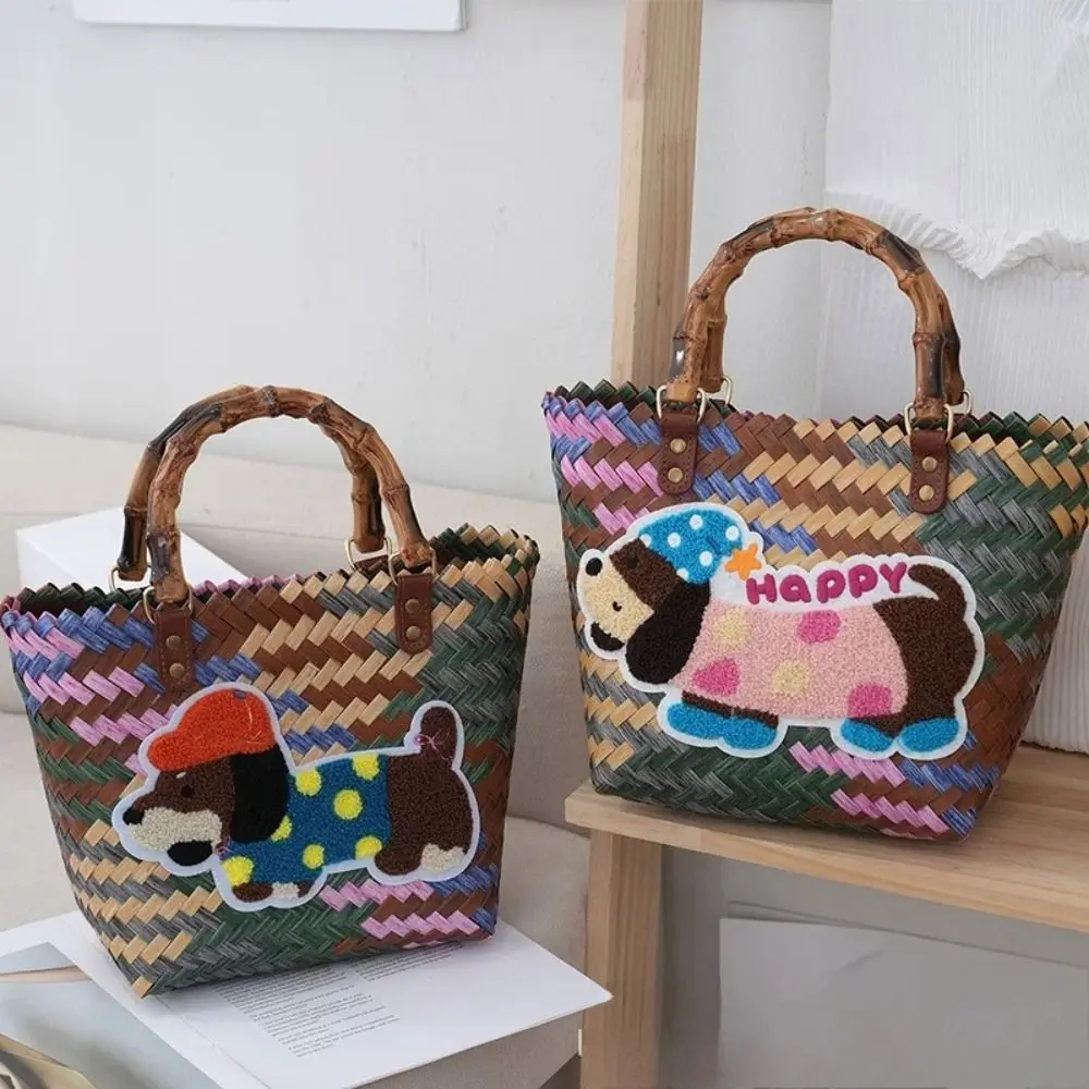 Bolso tejido a rayas Retro creativo, bolso de mano tejido con mango de bambú con patrón de cachorro, bolso de mano de verano INS de gran capacidad para mujer