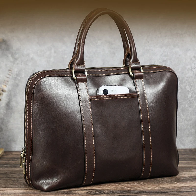 Handbag Full Grain Top Grain Leather Briefcase Men Business Men's Bag 14.2 Inch Genuine Leather Laptop Bag Men Leather