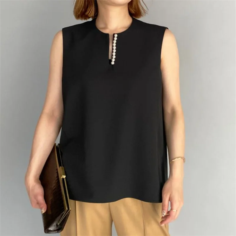 

New pearl top sleeveless v-neck short top women's summer loose t-shirt