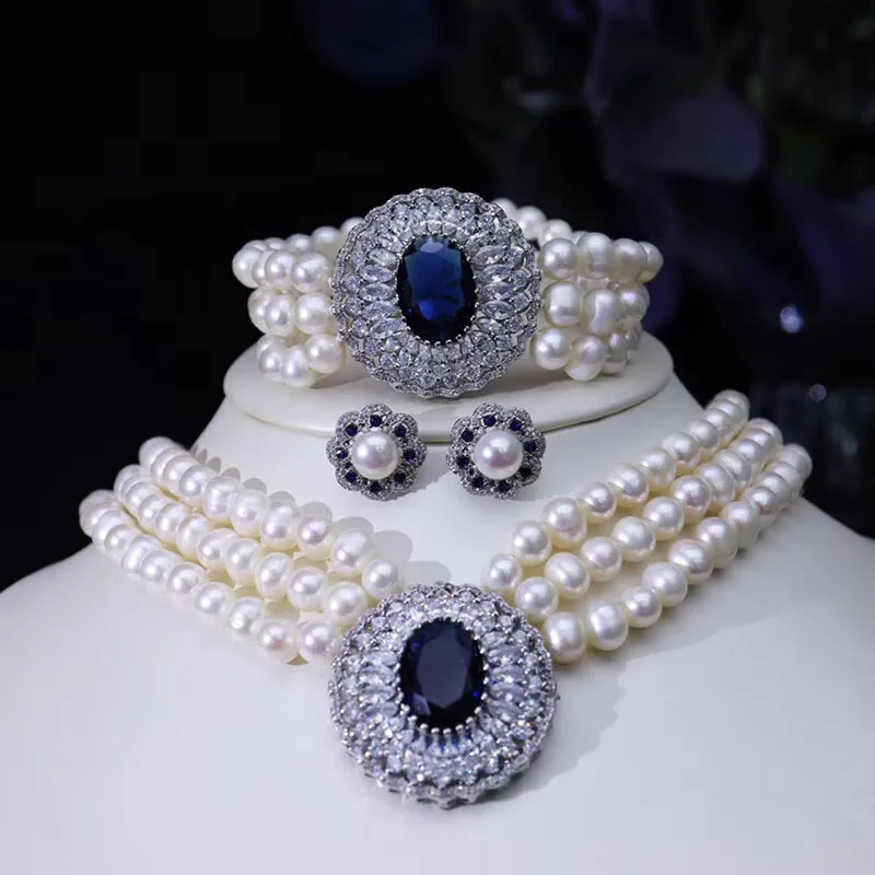 

Set 3rows Pearl white gray 5-6mm 7-8mm necklace bracelet earrings Ring party wedding women's jewelry blue zirocn pendant