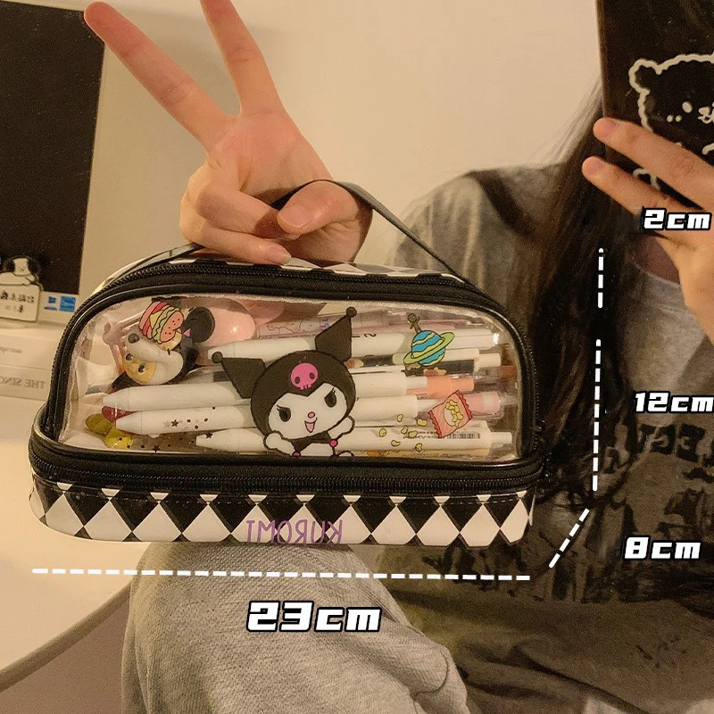 Sanrio Series Transparent Pencil Case Cartoon Hello Kitty Kuromi Storage Bag Large Capacity Double-layer Portable Pen Bags