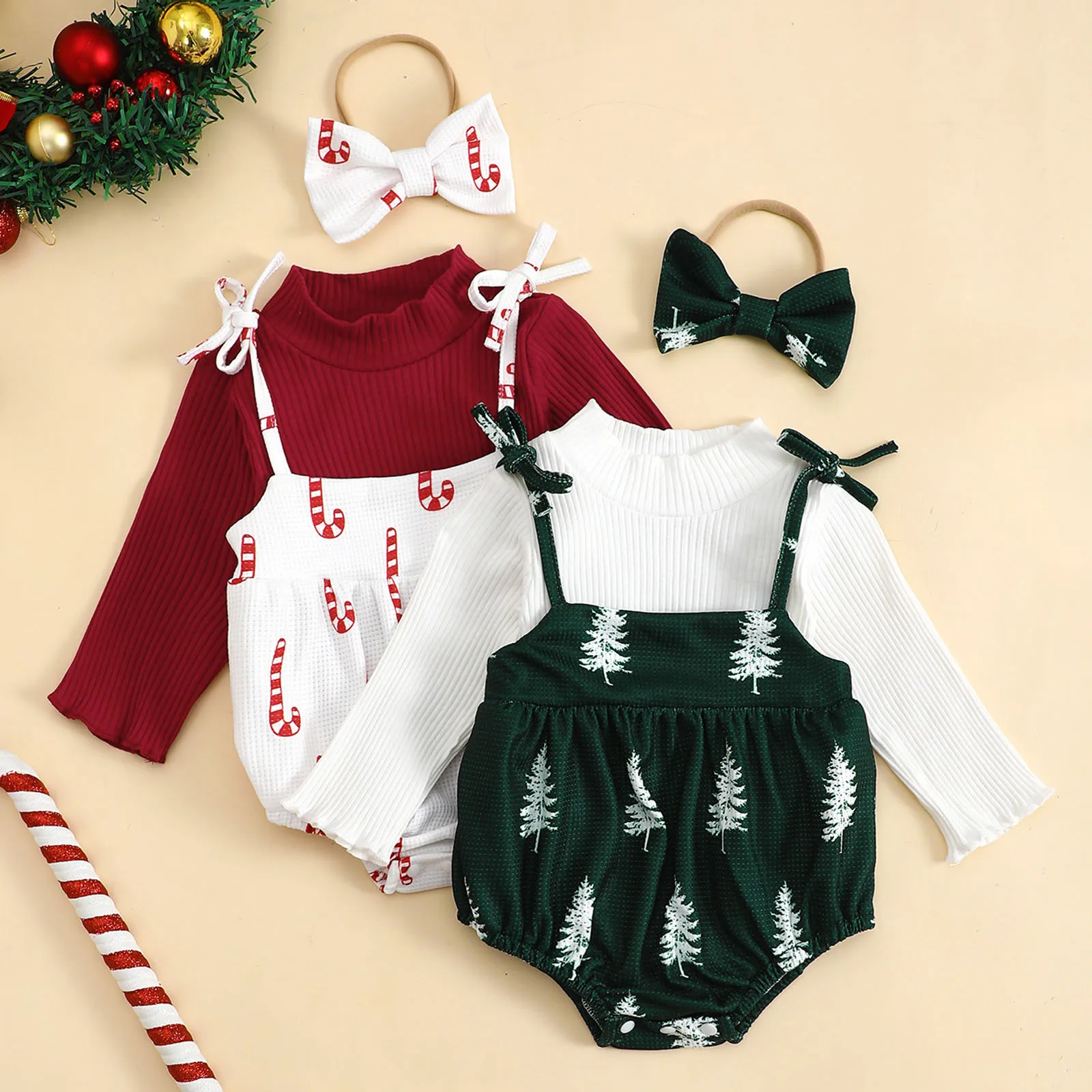 

Baby Girl Christmas Romper Set Long Sleeve Suspender Bodysuit With Bowknot Headband Two Piece Set Toddler Crawling Clothes