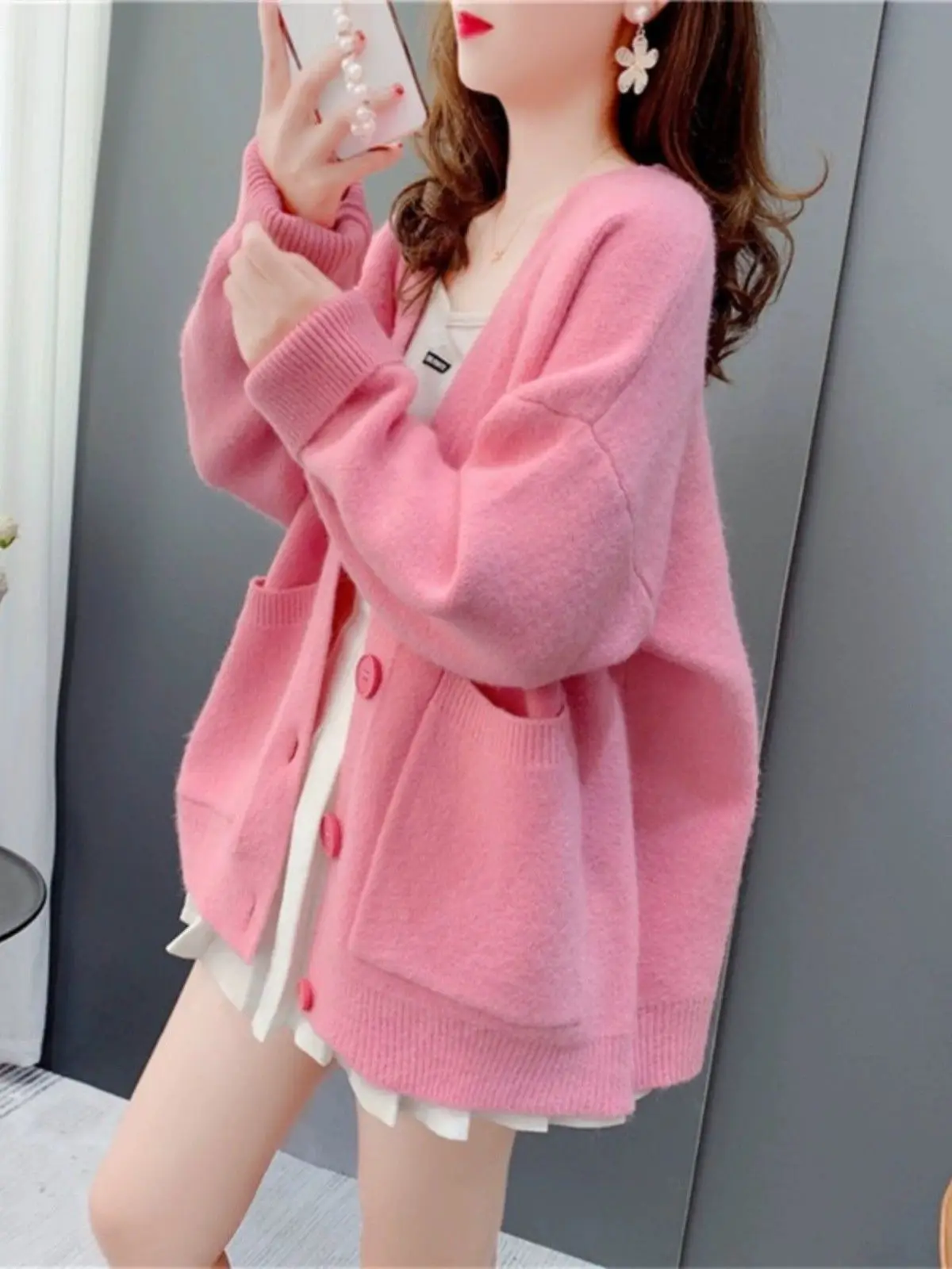 

Trendy Knitted Sweater Coat Women's Open Cardigan Spring Autumn Loose Casual Stylish Outerwear V-neck Long Sleeve Warmth