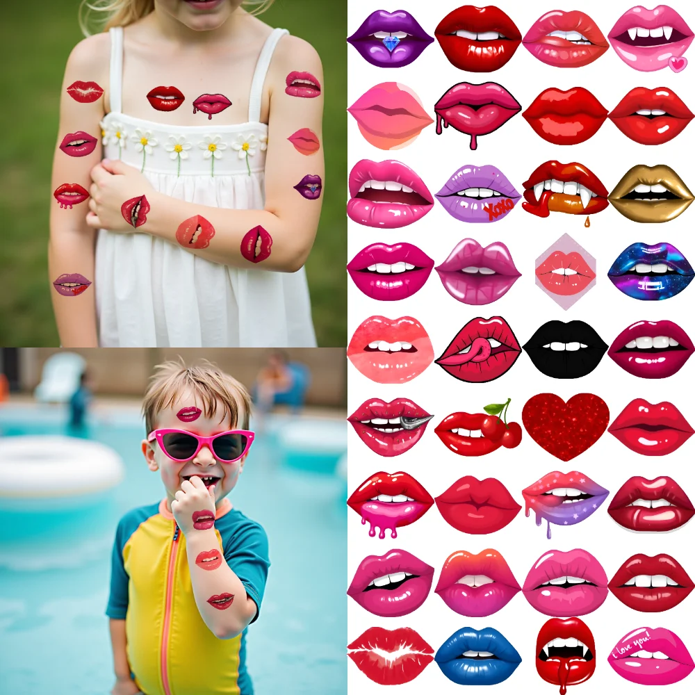 

63pcs Temporary Tattoo Lips Stickers Waterproof Long-lasting Body Stickers Cherry Stickers Cartoon For Adults Boys Cheeks