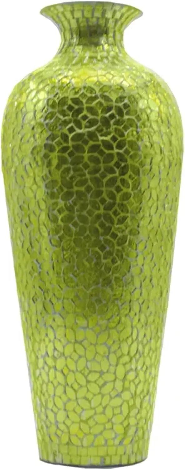 20 Inch Handmade Green Mosaic Floor Vase Floral Glass Inlay Iron Accent for Pampas Grass, Table Styling, Entryway & Modern Boho