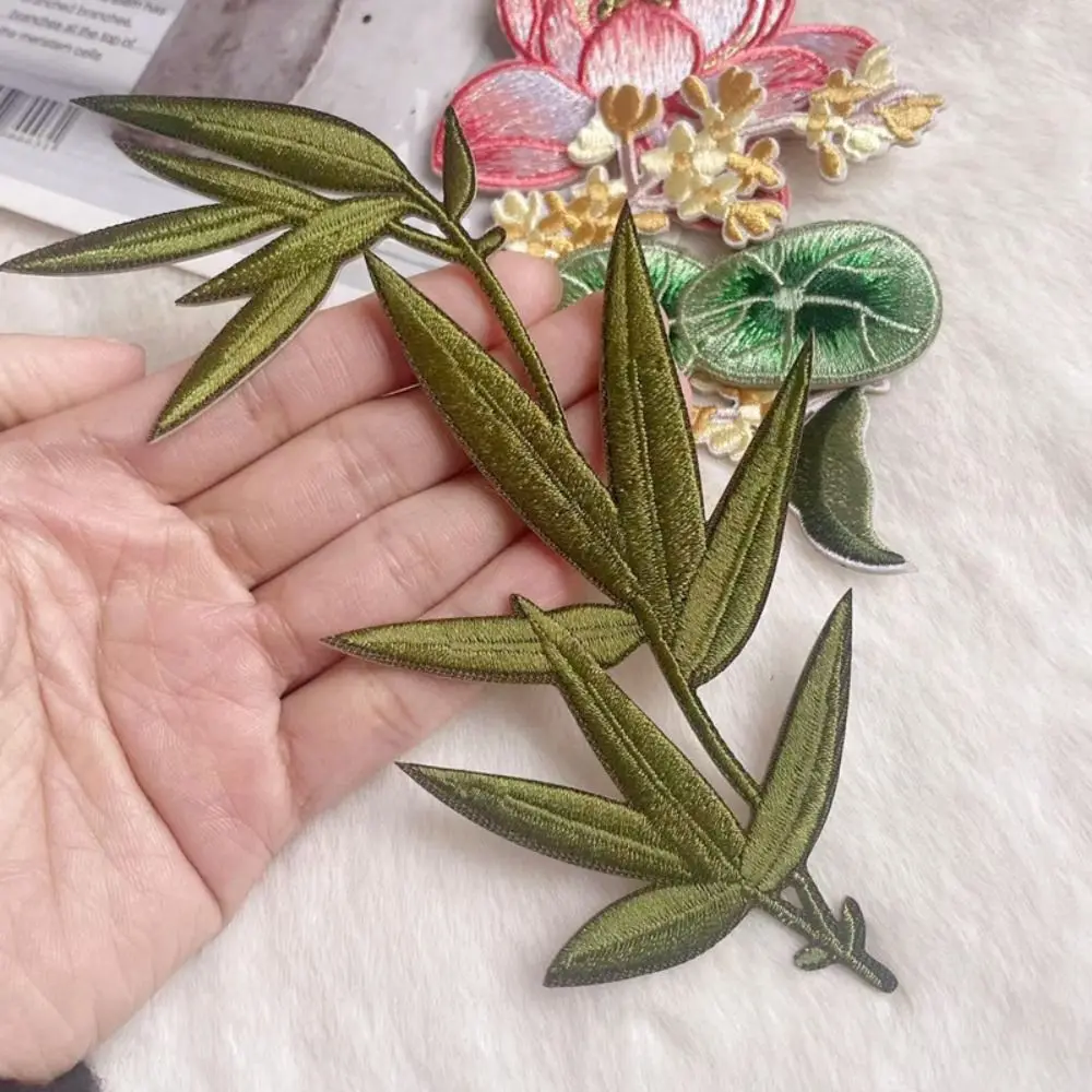 

Нашивки в китайском стиле с вышивкой в виде листьев бамбука, лист лотоса, сделай сам, аппликация для одежды, изысканные клейкие нашивки для одежды, шитье