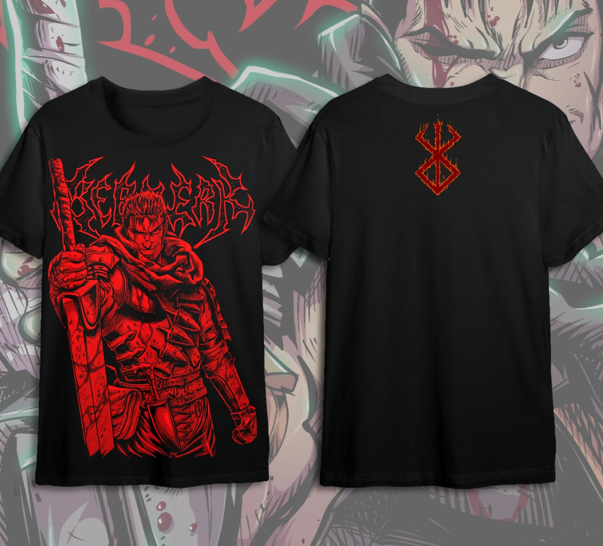 Unisex NXT LVL Berserk: Guts in Red T-Shirt: Highlighting Guts' Intense and Fiery Spirit