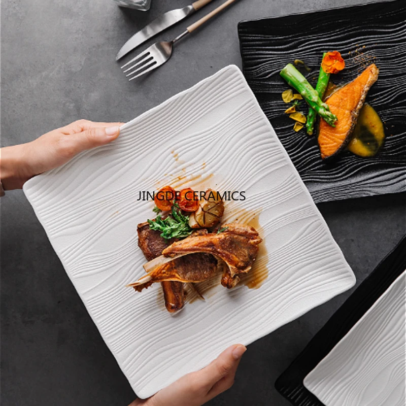 1pc Square/rectangular Ceramic Dish, Pasta/steak Plate, Fruit Salad Plate, Restaurant Tableware, Household Stir Fry Dish