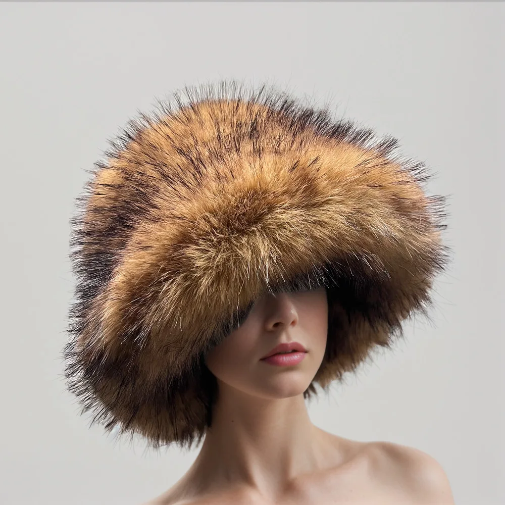 

Premium Luxurious Fake Raccoon Fur Round Hat for Women in European and American Style, Thick and Warm Faux Fur Fisherman Hat