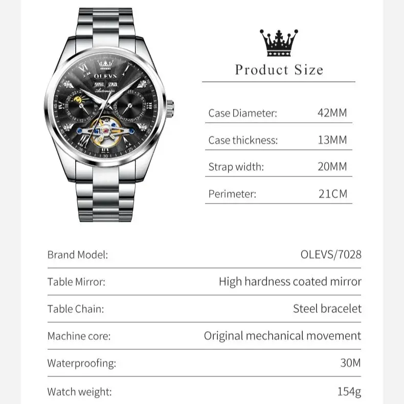 OLEVS 7028 Flywheel Skeleton Automatic Watch for Men Dual Calendar Waterproof Luminous High Quality Stainless steel Wristwatches