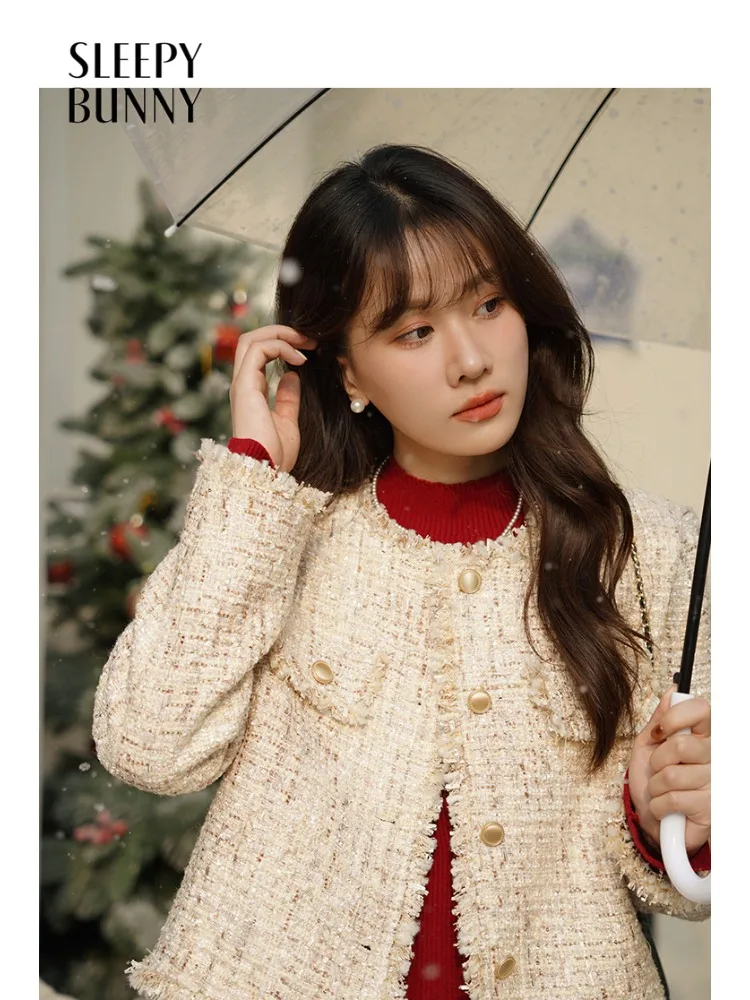 

Элегантная твидовая короткая куртка для женщин, зимнее теплое укороченное пальто с круглым вырезом, винтажная шерстяная верхняя одежда для офиса, повседневный образ для свиданий