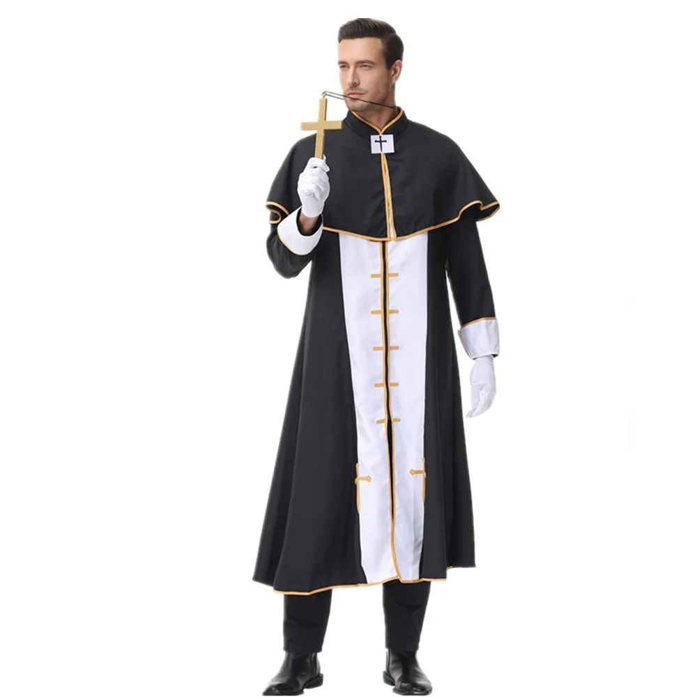 Medieval adulto preto nobre sacerdote traje homem pastor religioso pai trajes dia das bruxas purim festa mardi gras fantasia vestido