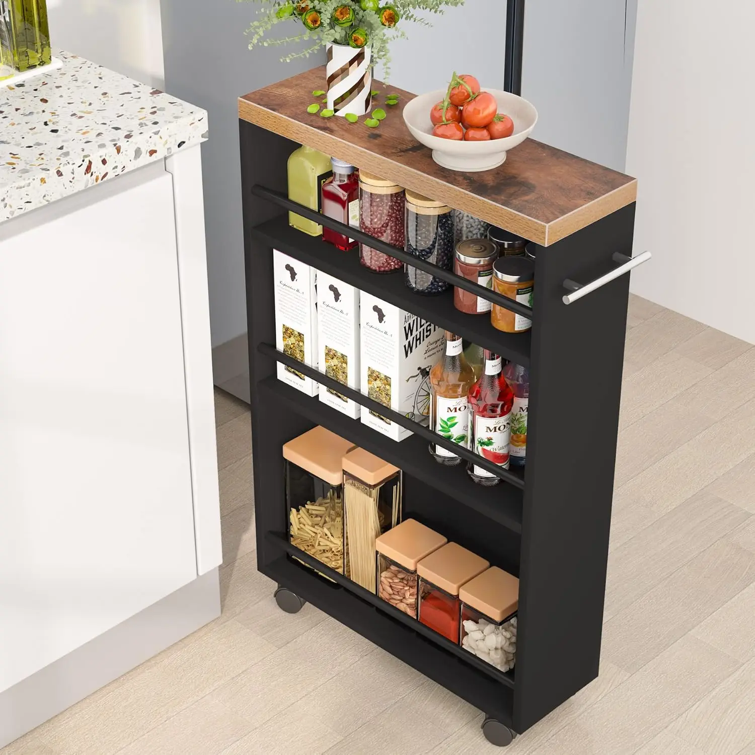 

Slim Storage Cart, Rolling Narrow Kitchen Cart on Wheels for Small Place, 4-Tier Slide Out Slim Utility Cart Skinny Laundry C