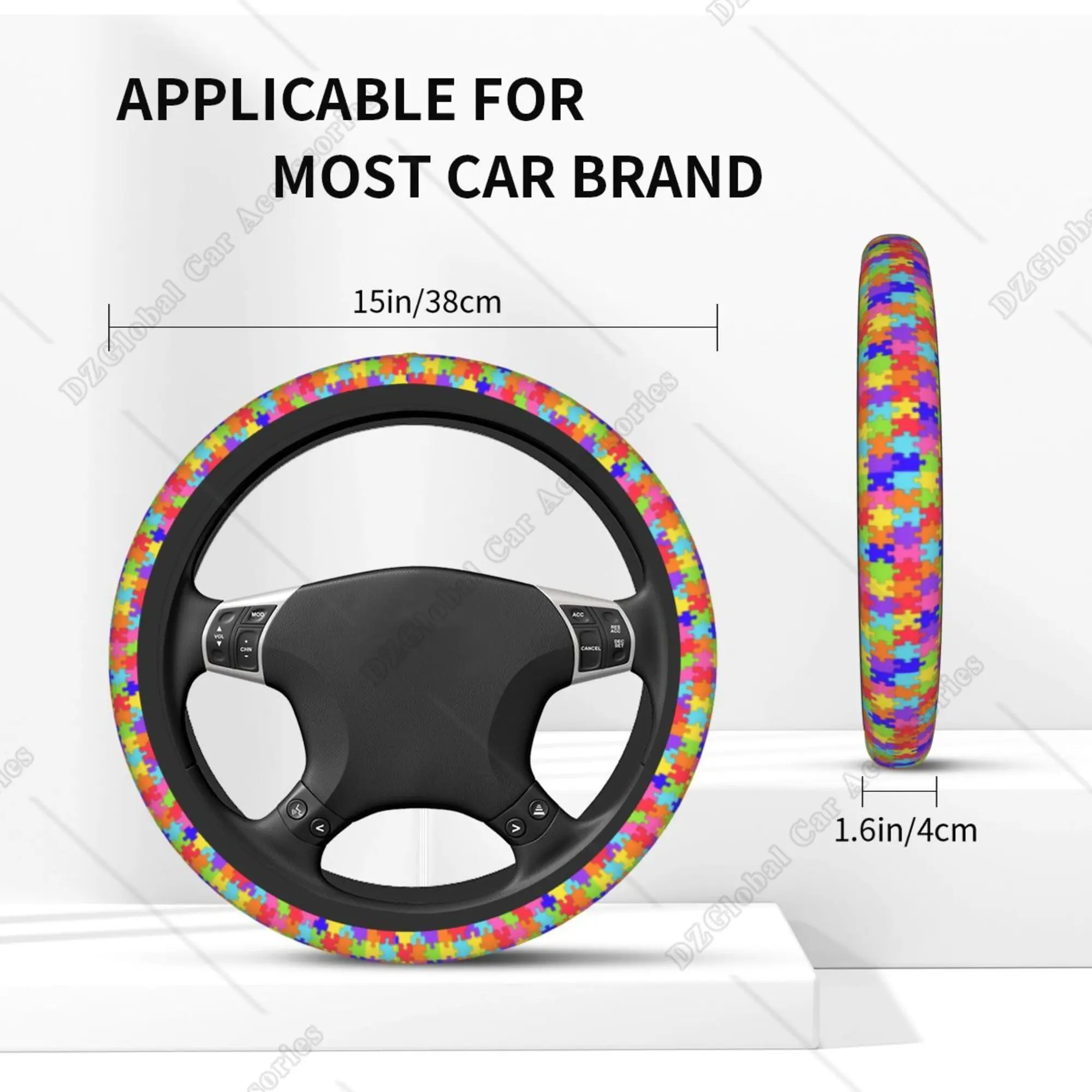 Care for World Autism Awareness Day Puzzle Steering Wheel Cover Universal 15 Inch Car Accessories Anti-Slip Breathable Elastic