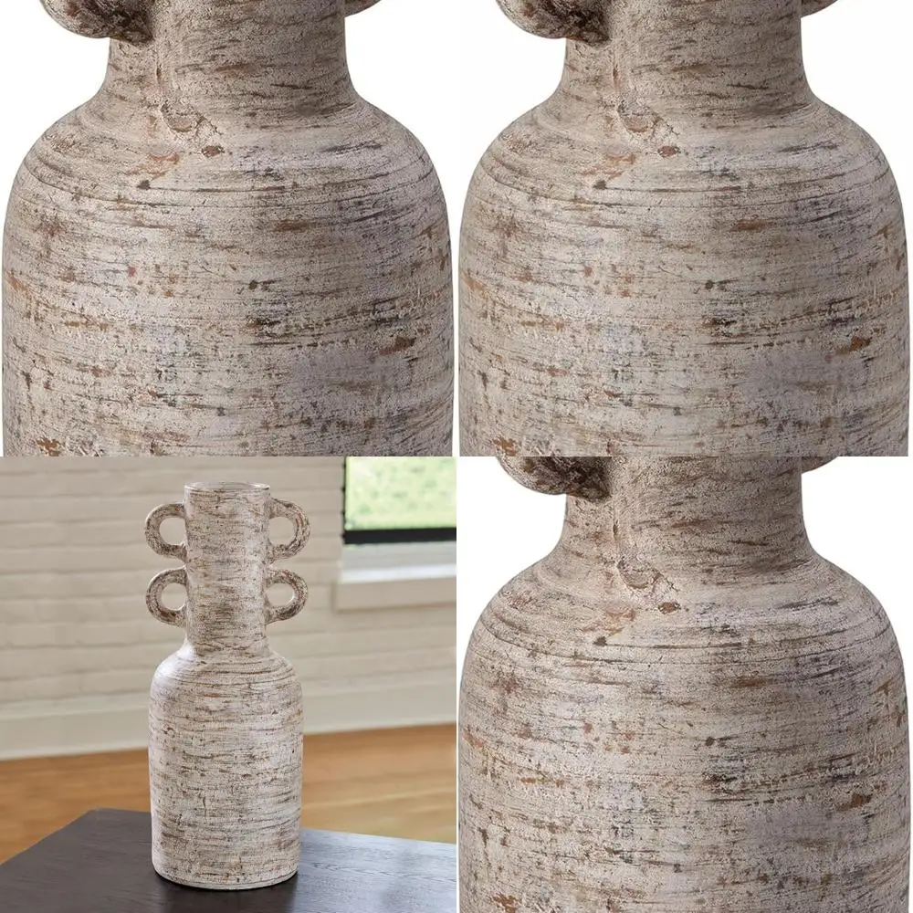 

Traditional Terra Cotta-Style Abstract Vase, Tabletop, White & Light Brown, with Handle