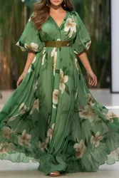 Flycurvy-vestido maxi estampado floral, plus size, verde cotidiano, manga lanterna, cintura império