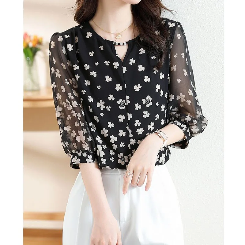 Women\'s Clothing Fashion Casual Printed Half Sleeve Chiffon Blouse Summer New Female Korean All-match Hollow Out Spliced Shirt