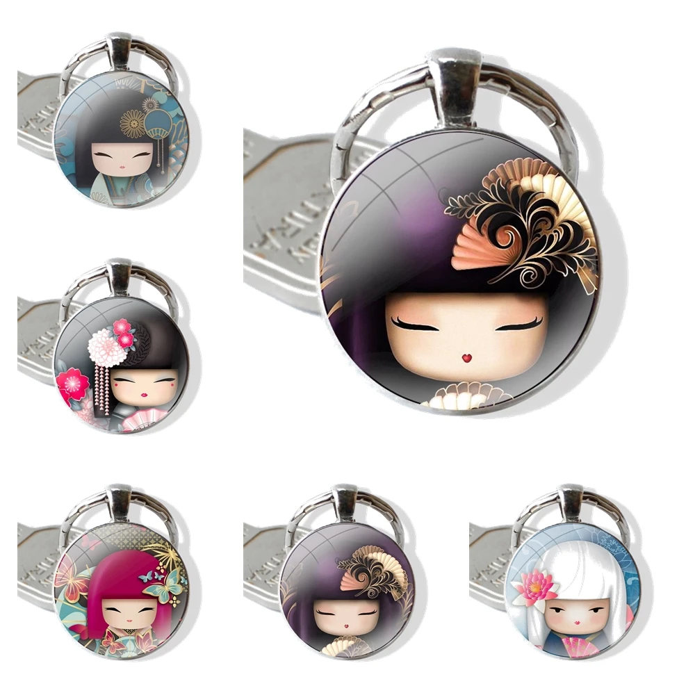 Keychain Handmade Glass Cabochon Key Ring Holder Pendant Key Chains kawaii Japanese Kokeshi Doll