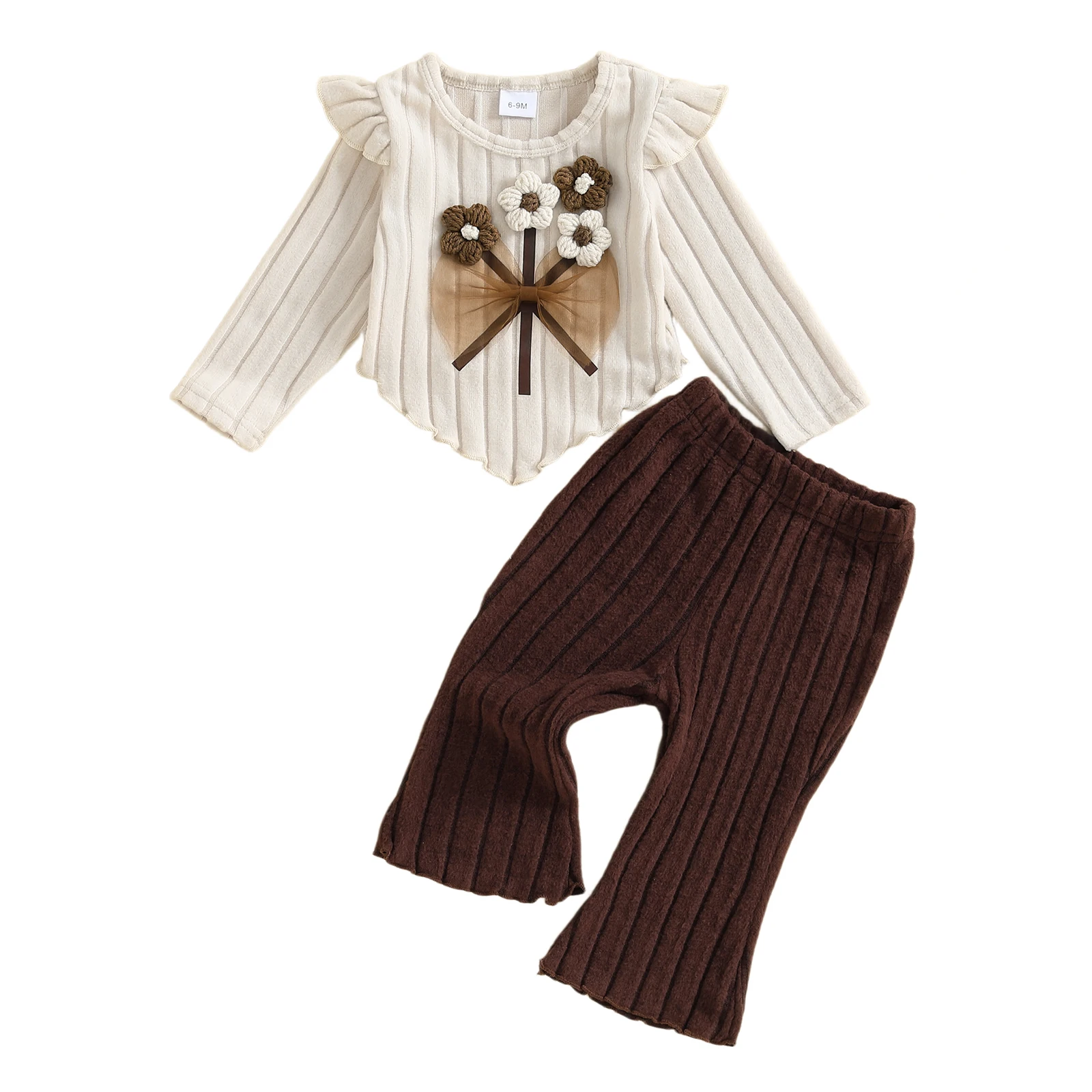 0-3Y Toddler Girl Fall Outfits Crochet Flower Long Sleeve Round Neck Pullover + Elastic Waist Ribbed Flare Pants 2 Pcs Set