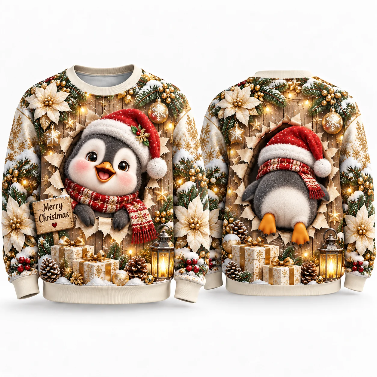 New Penguin Ugly Christmas Sweater, Cozy Holiday Sweaters With Santa Hat Snow Scene For Winter Party And Xmas Gift