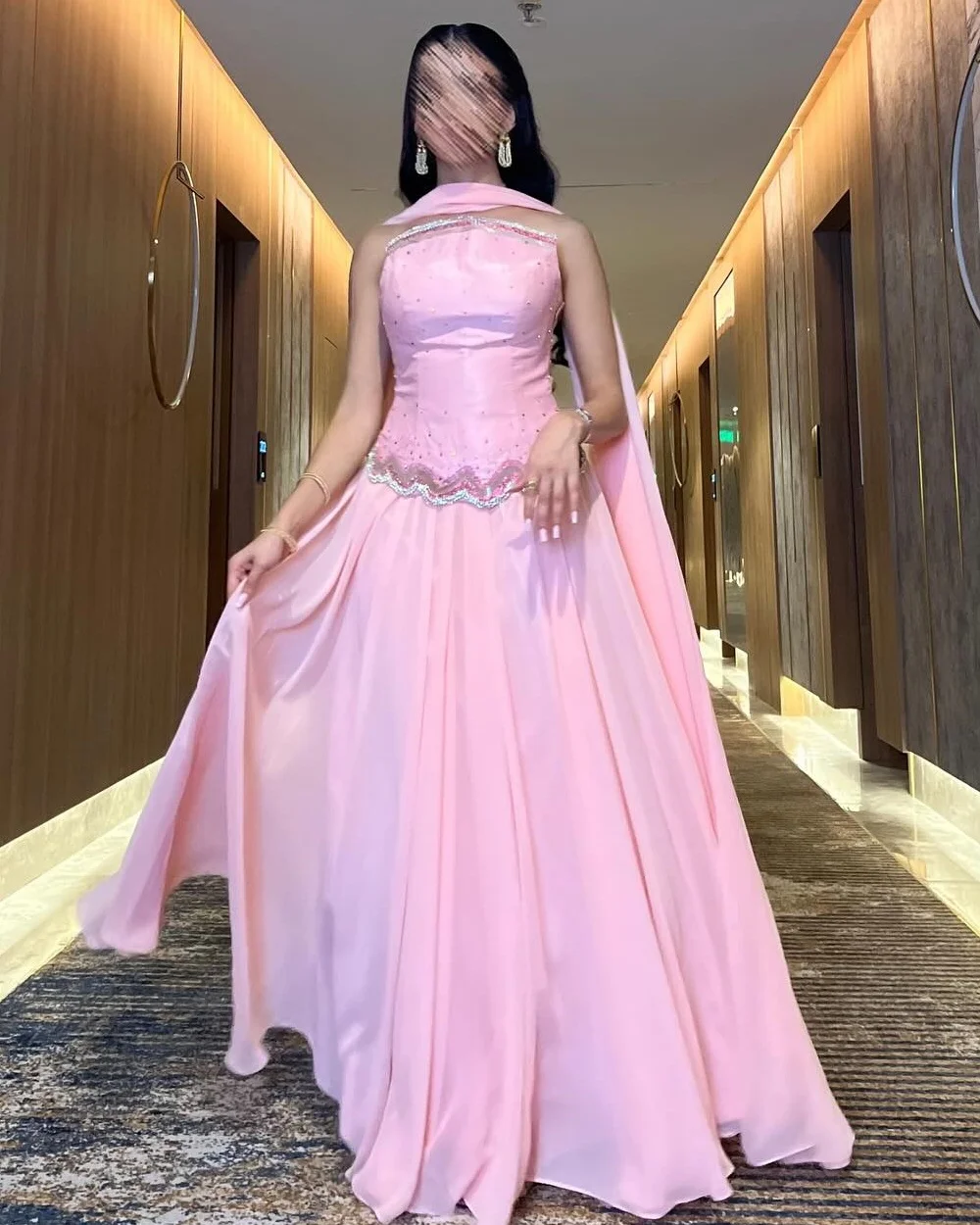 

Customized High Quality Sparkle Chiffon Beading Rhinestone A-line Strapless Long Dresses Bespoke Occasion Dresses Modern Style