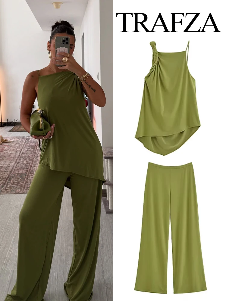 

TRAFZA Women Chic Solid Pants Suit Backless Pleated Asymmetric Decoration Sleeveless Top+Elastic Waist-drooping Wide-leg Pants