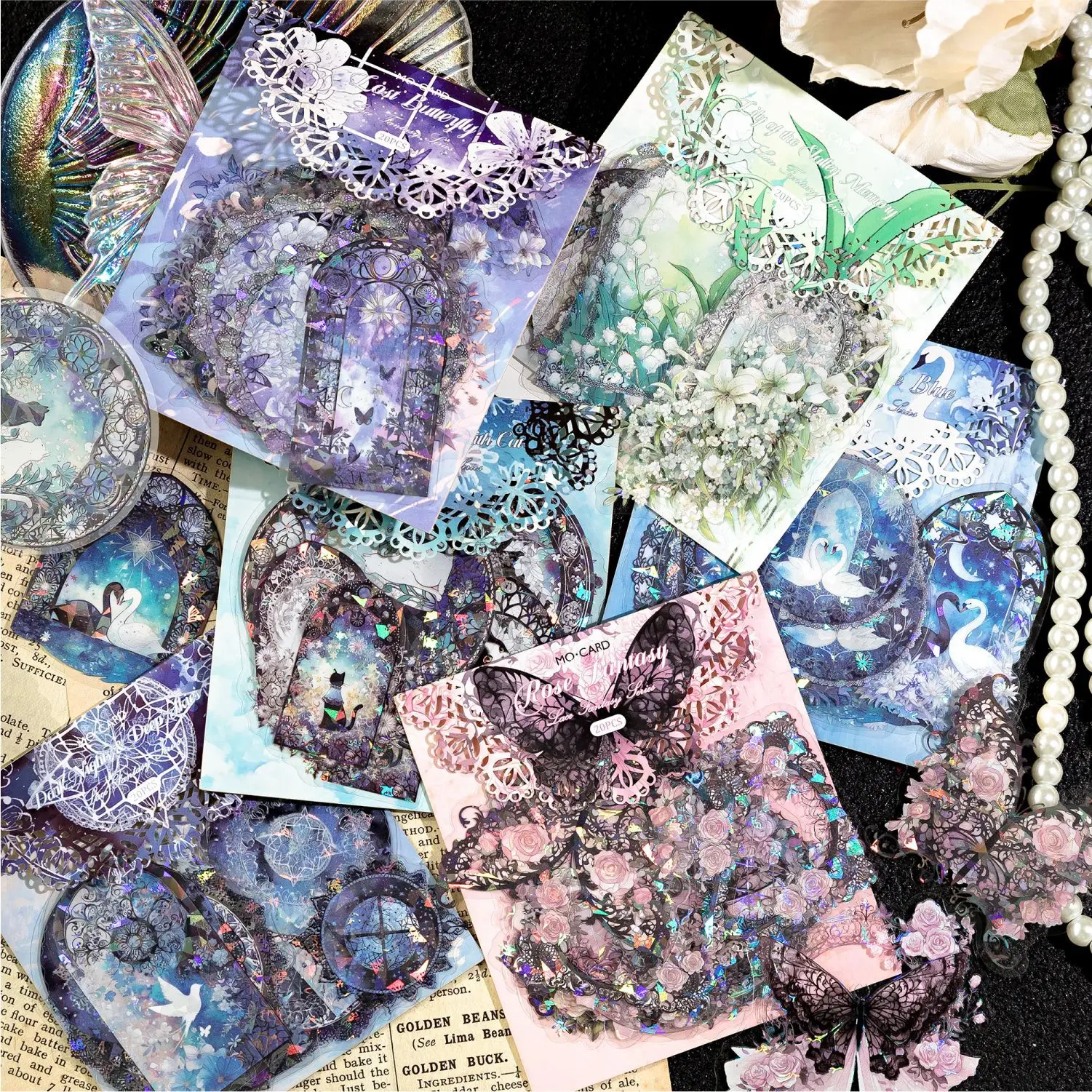 20Pcs/Pack Lace Dream Series Crystal PET Sticker Pack, DIY Decor Collage Base Journal Supplies