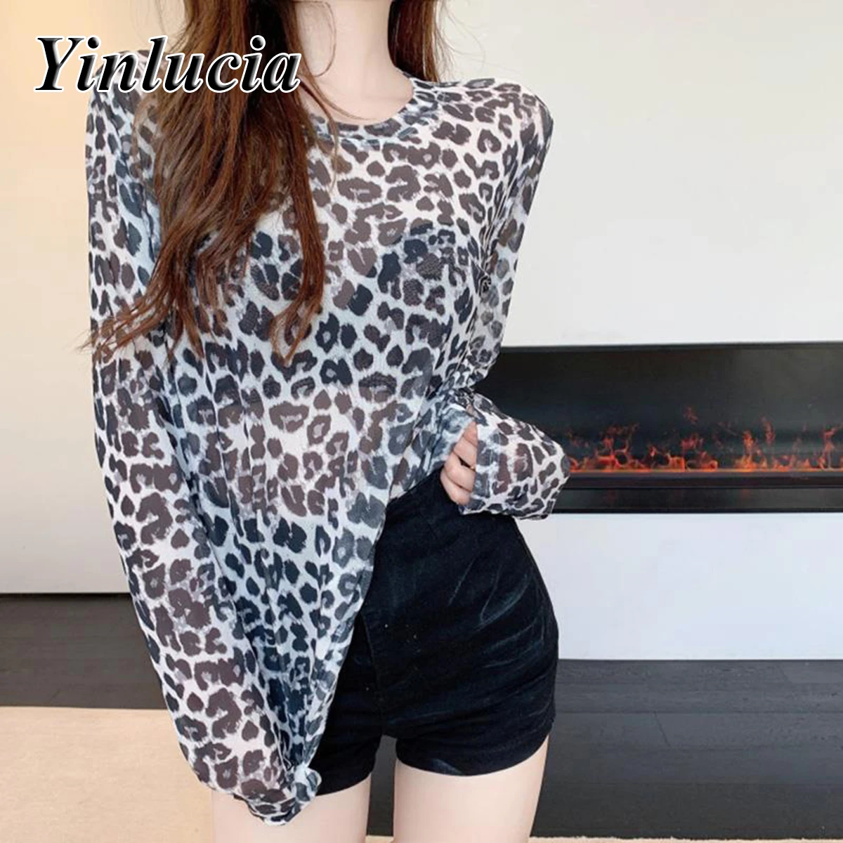 بلايز النساء البلوزات مثير شبكة قميص فضفاض الوردي ليوبارد طباعة المحملة تصميم بلوزة شفافة أنيقة طويلة الأكمام Y2K الشارع ارتداء #2