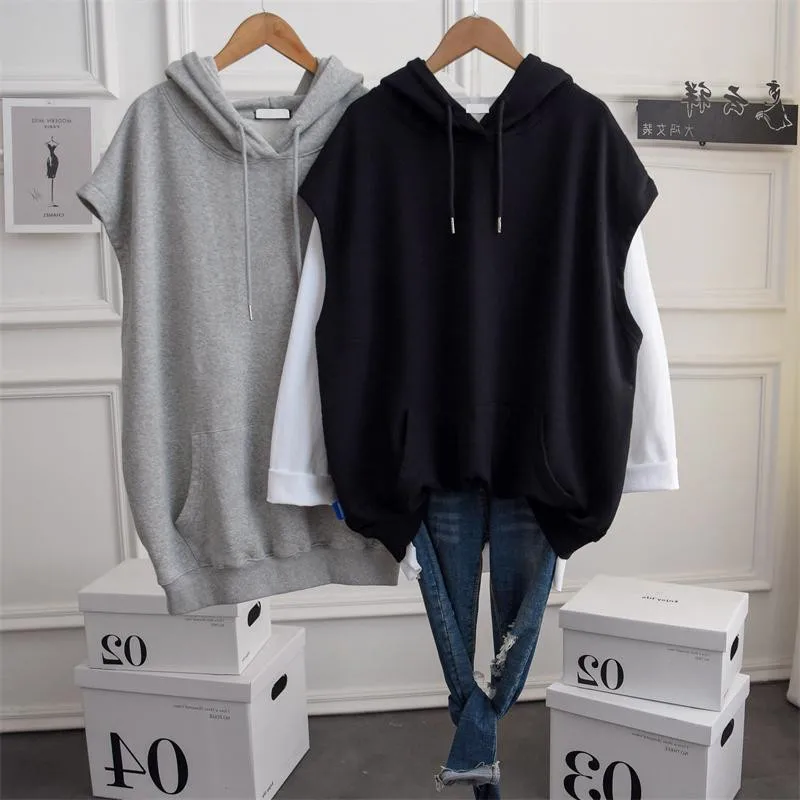 

Loose Sleeveless Hoodie Jacket for plus Size Women Autumn Spring Season Simple Mid-Length Casual Sweatshirt Female Outerwear