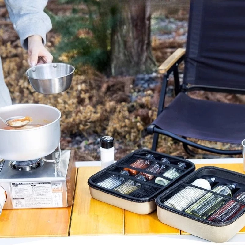 مجموعة زجاجات توابل محمولة للاستخدام الخارجي للتخييم والنزهات وحقيبة الشواء - علبة توزيع الزيت مع صندوق توابل مركب