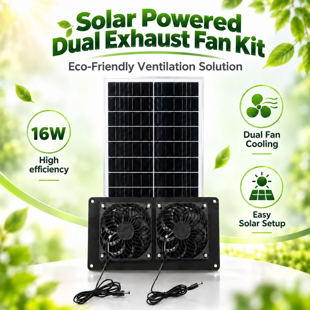 16W Dual Exhaust Fan Solar Panel Set Waterproof Solar Powered Air Extractor for Greenhouse, Animal House, Kitchen, RVs, Boats