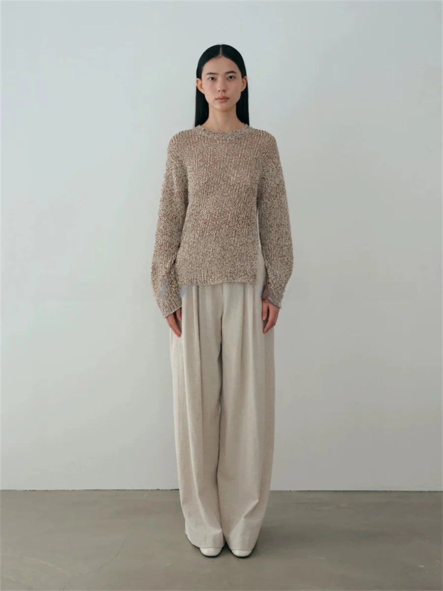 

Moia Asymmetric Hem Knitted Hollow out Color Tead Sweater Women's Soft Cotton Long Sve round Ne Pullover Korean Sle